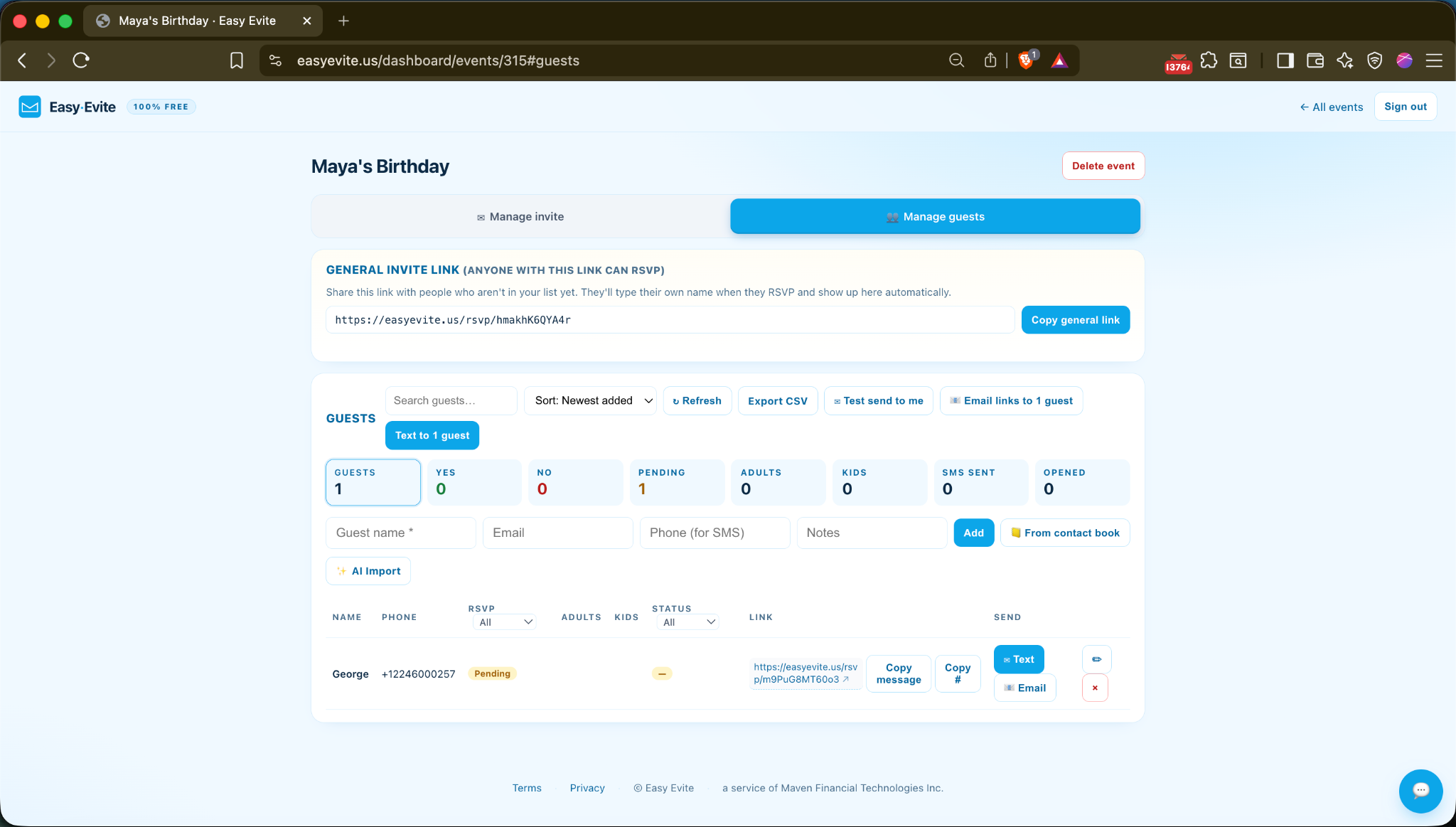 Guest management interface on Easy Evite showing the guest list for an event